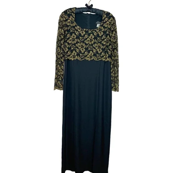 Night Way Long Sleeve Black and Gold Long Occasion Dress Size 16 - Picture 1 of 6
